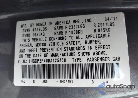 2011 Honda Accord 2.4 Lx-P z USA, uszkodzony, nr VIN 1HGCP2F40BA125450